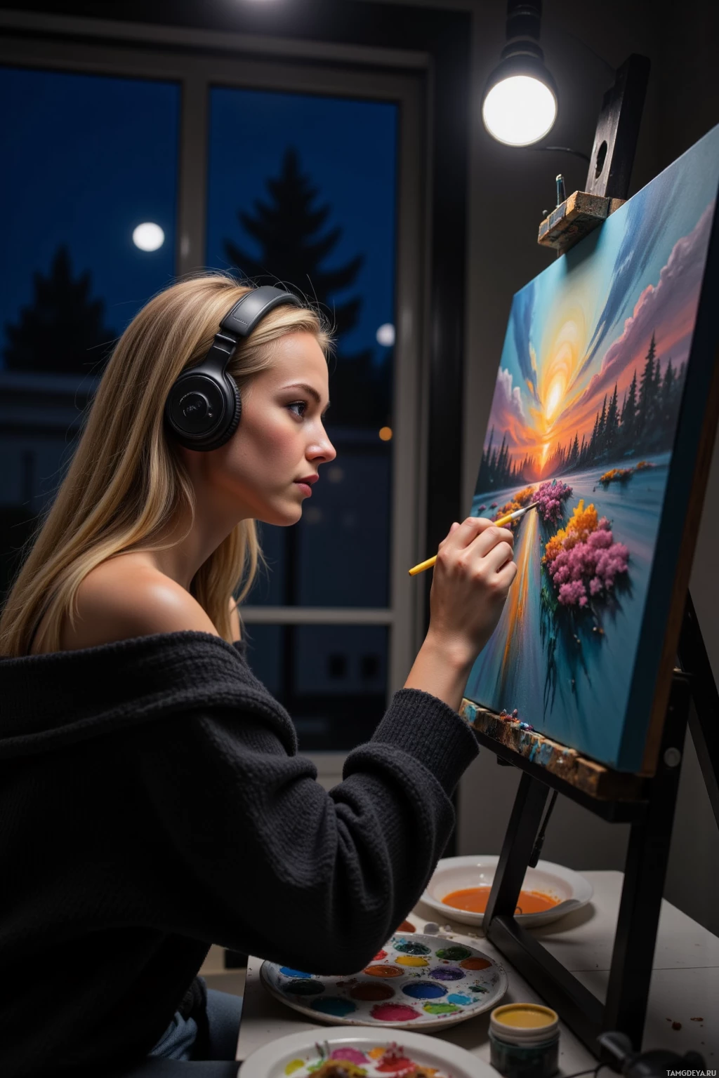 A person wearing headphones paints a vibrant landscape on an easel under a lamp.