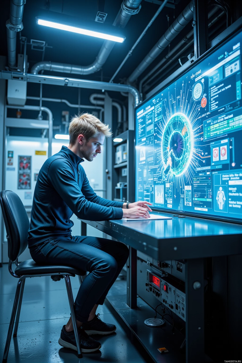 A person is seated at a desk in a dimly lit room, working on a large, illuminated digital display.