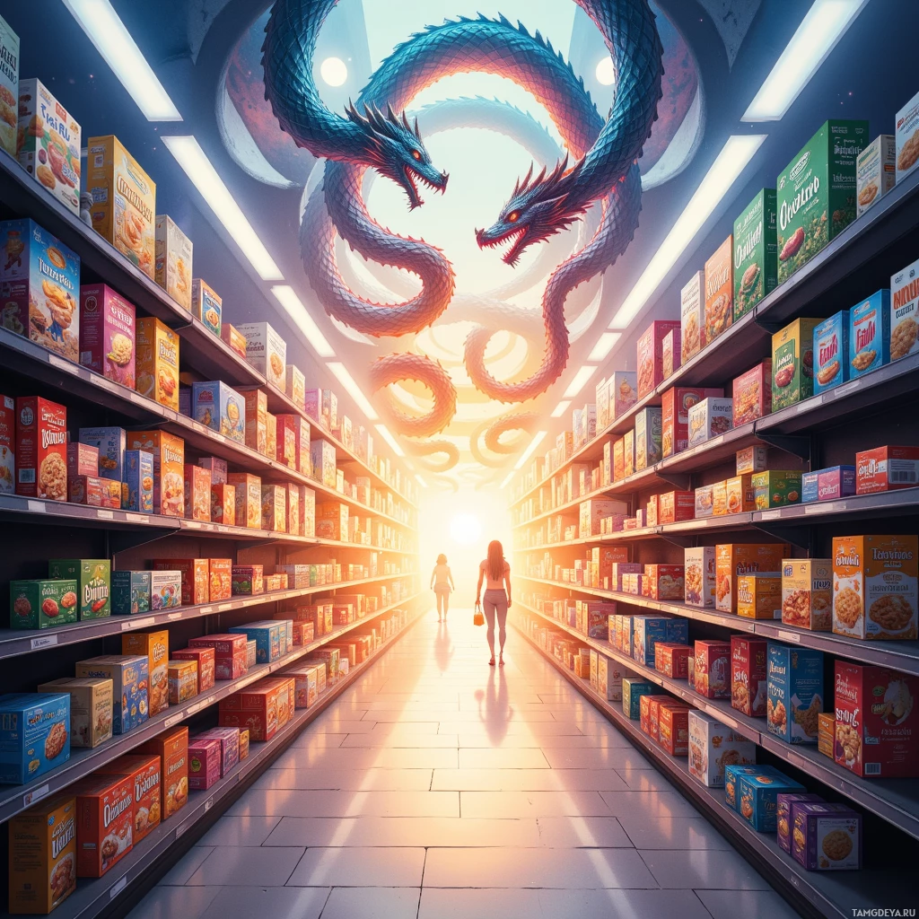 A surreal image of a grocery store aisle with a large dragon floating above the shelves.