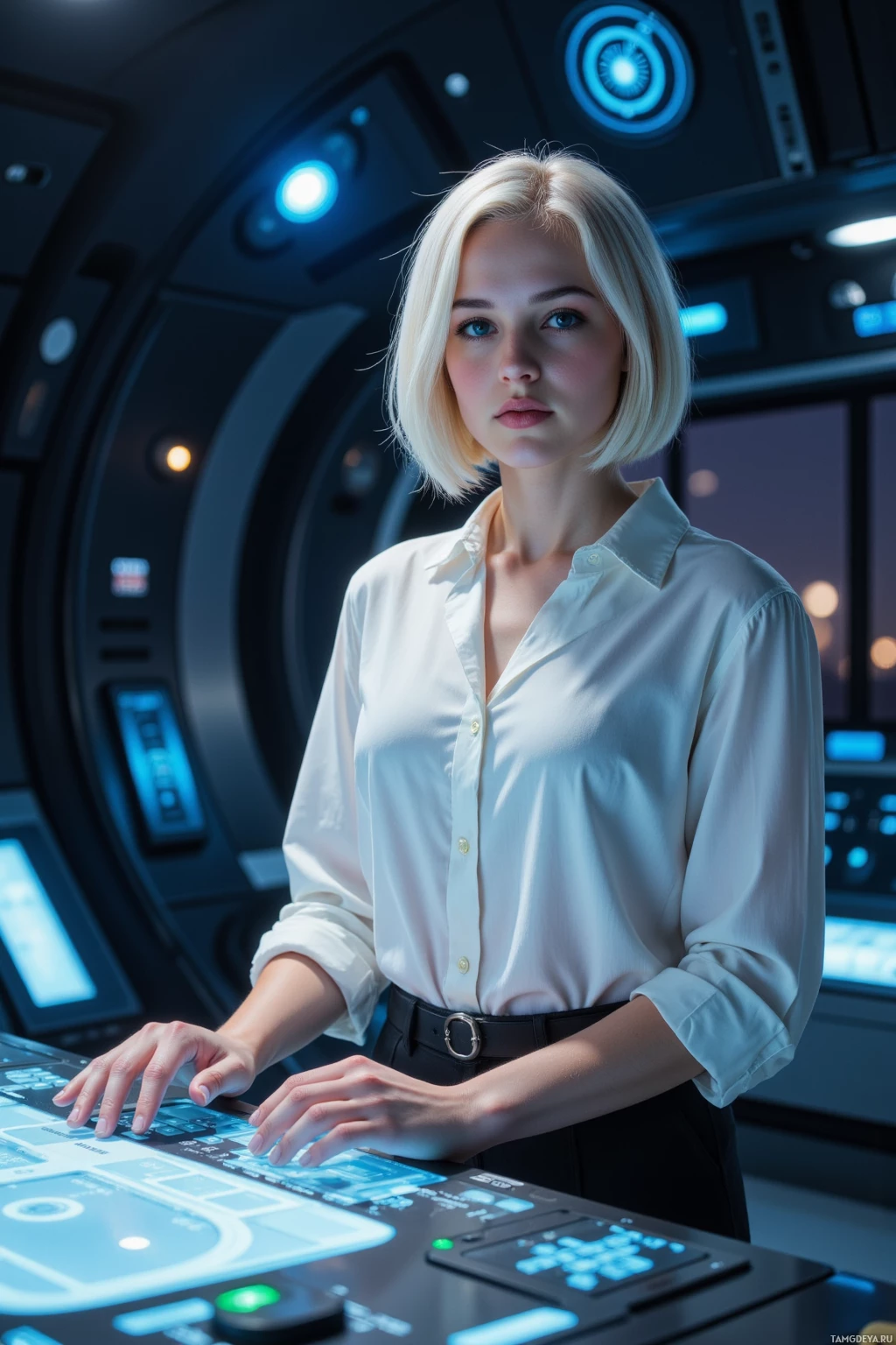 A person in a white shirt stands in a futuristic setting, interacting with a control panel.