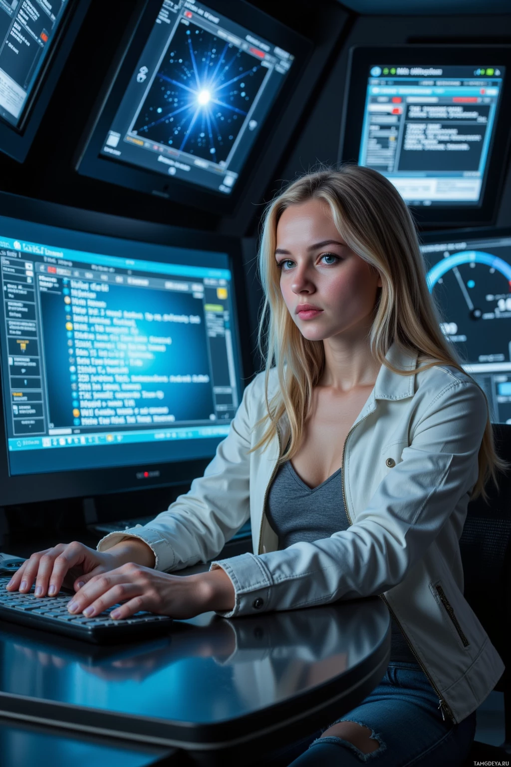 A person is seated at a desk with multiple computer monitors displaying technical data and graphics.
