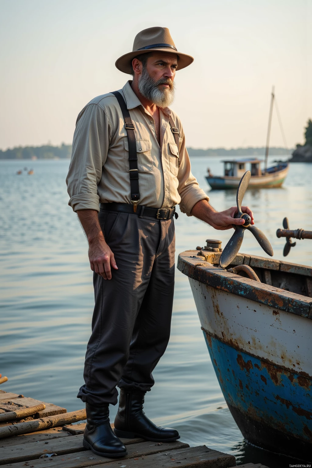 A man in a hat and suspenders stands on a dock by a boat, holding a propeller.