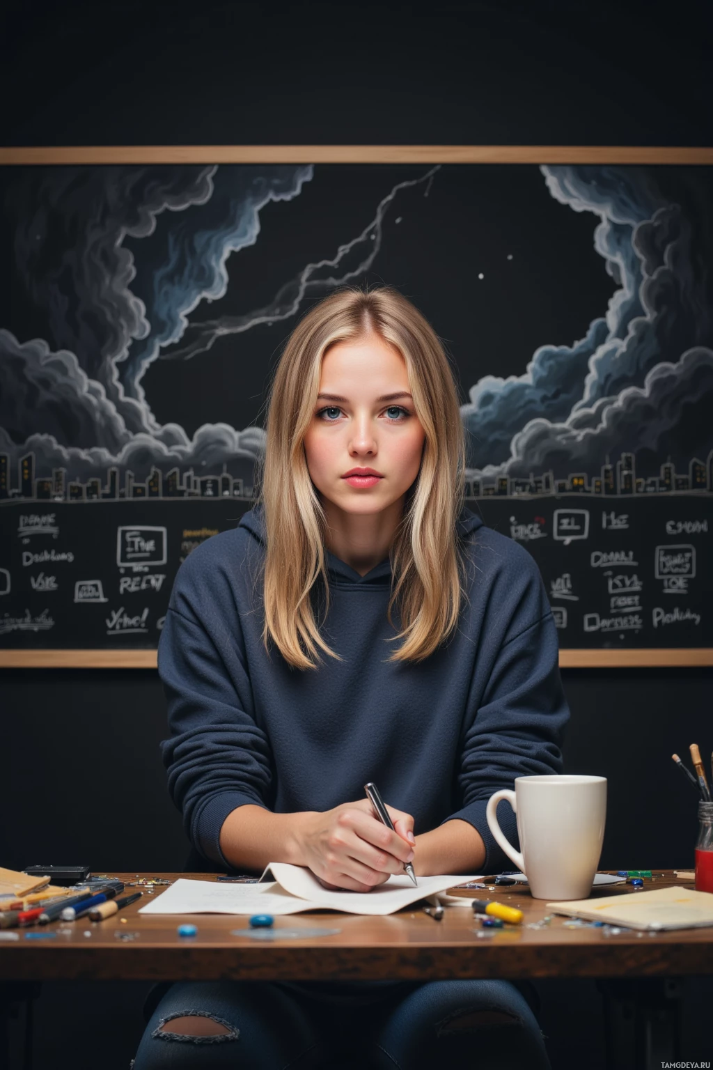 A person sits at a desk with a mug, writing on paper, against a chalkboard background.