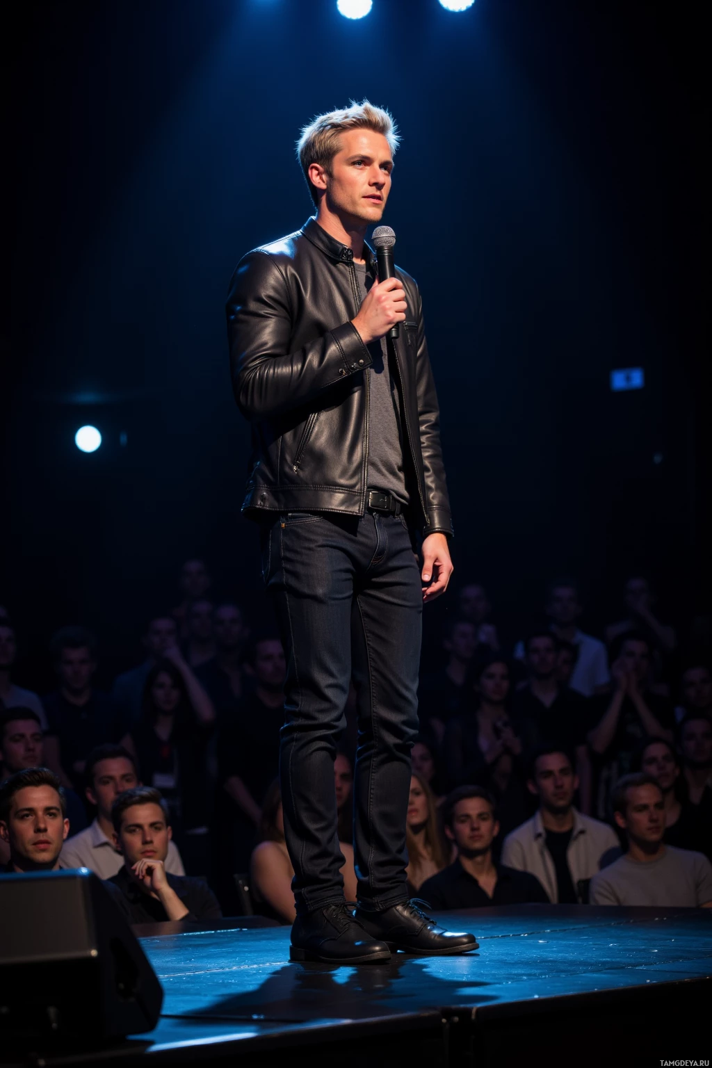 A man in a leather jacket stands on stage holding a microphone, addressing an audience.