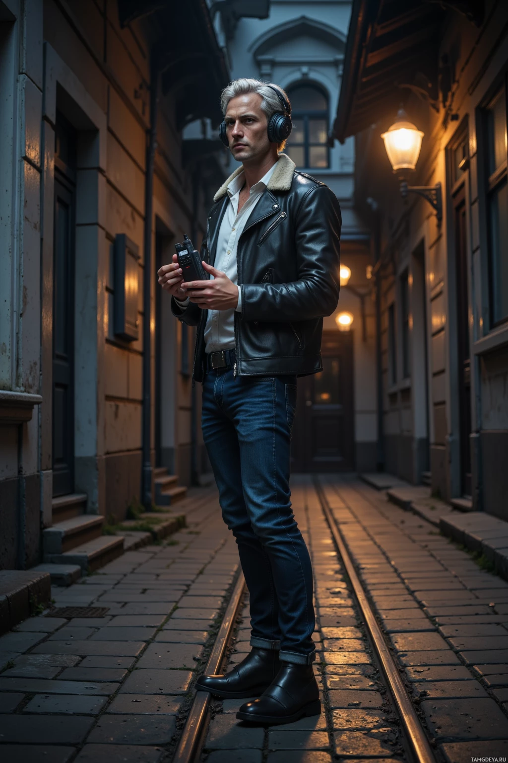 A man stands in a dimly lit alleyway, wearing headphones and holding a walkie-talkie.