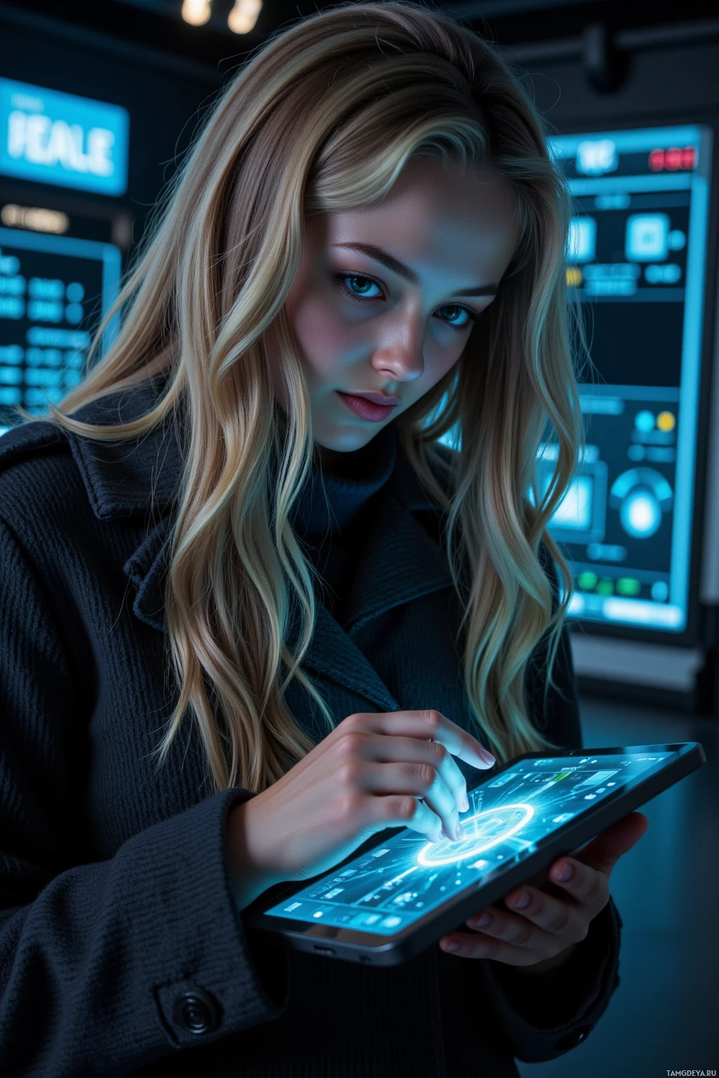 A woman in a dark coat uses a futuristic tablet in a dimly lit environment.