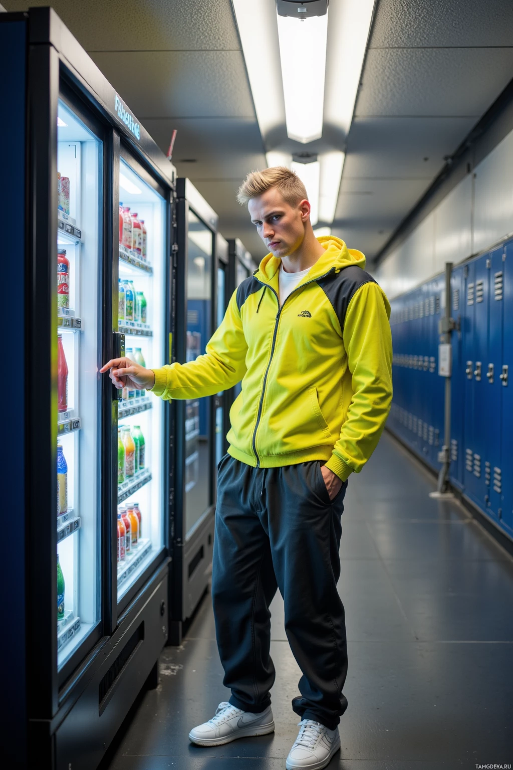 A person in a yellow jacket stands in a hallway near a vending machine.