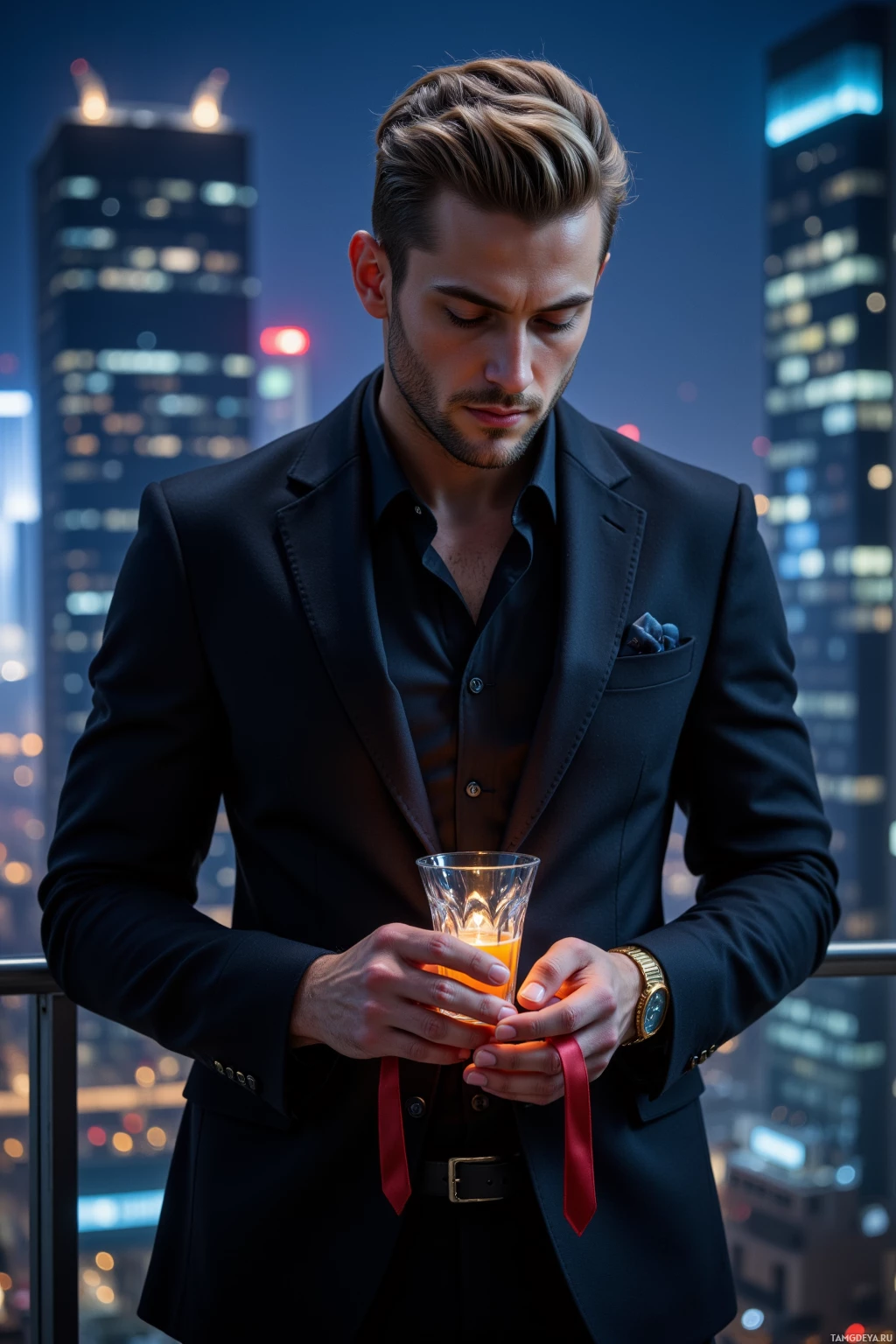 A man in a suit holds a glass of orange liquid, standing against a cityscape backdrop.
