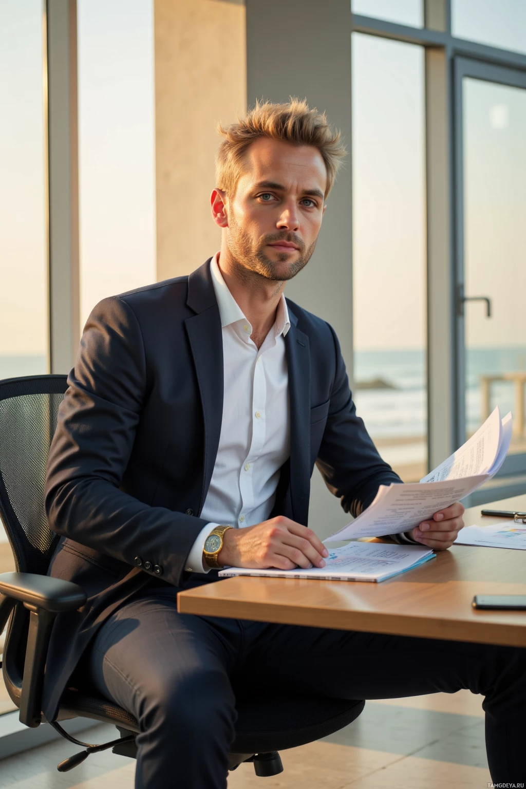 A man in a suit sits at a desk, holding papers, with a view of the ocean in the background.