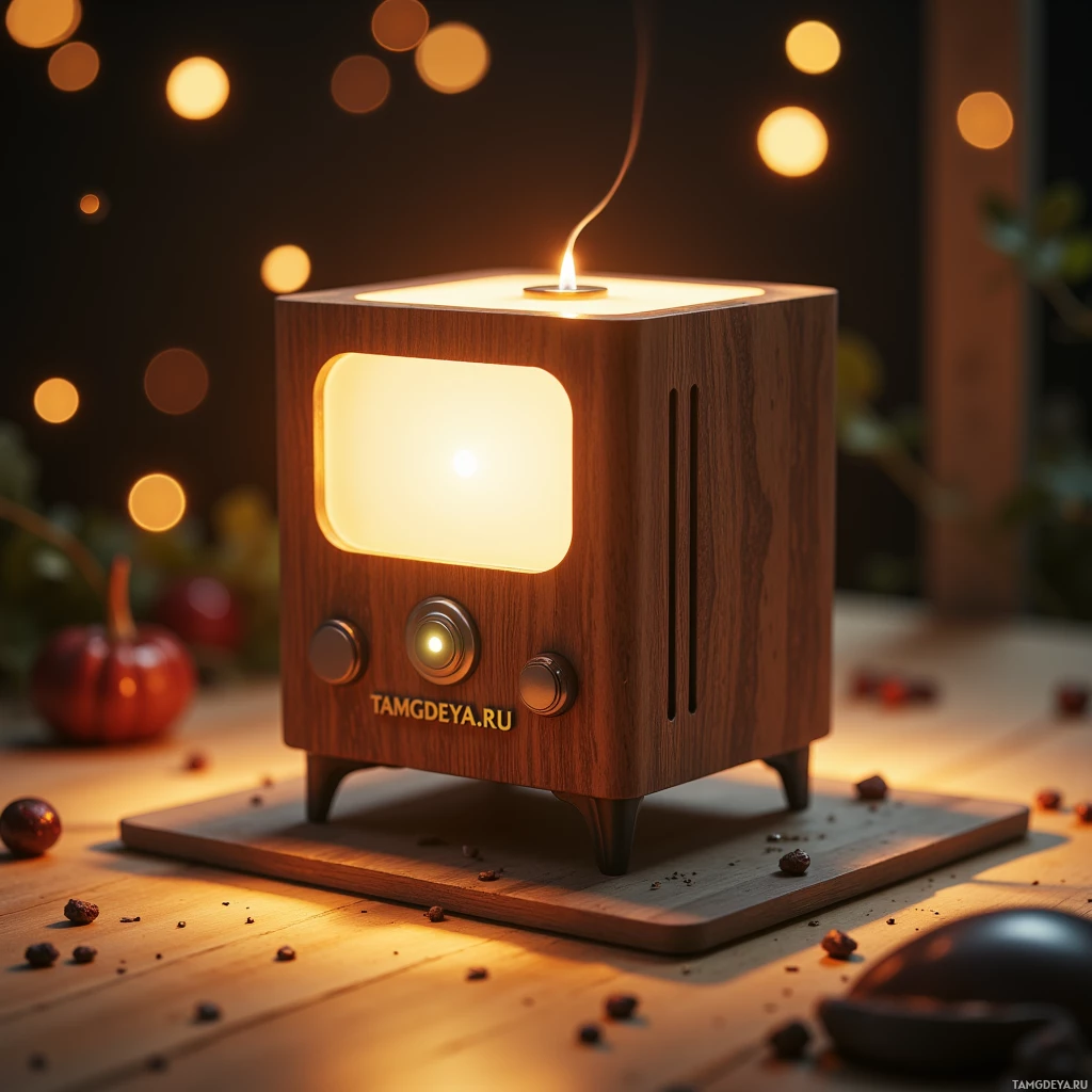 A wooden lamp shaped like a vintage television with a glowing interior and decorative elements on a wooden surface.