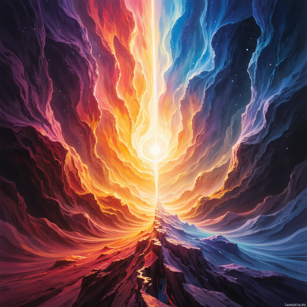 A vibrant cosmic scene featuring a glowing central light surrounded by swirling colors and starry space.