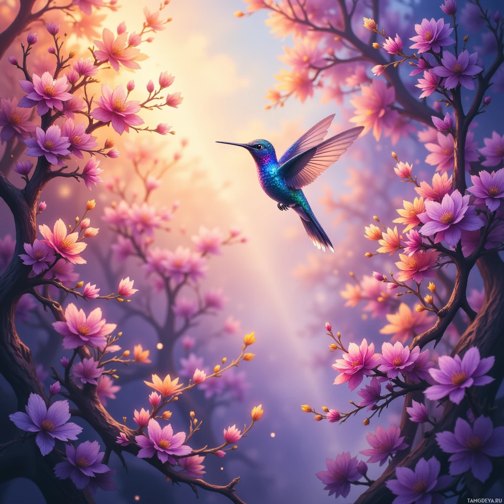 A hummingbird soars amidst blossoming pink and purple flowers.