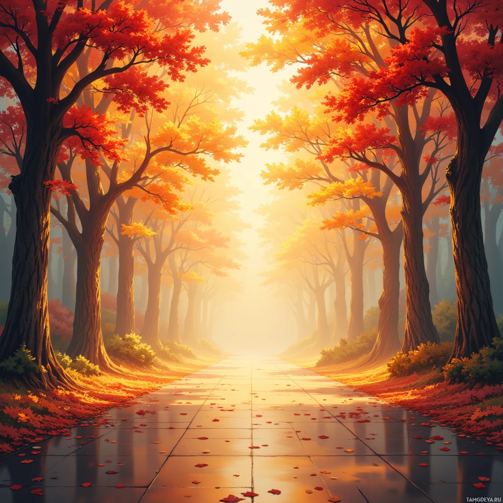 A serene autumnal forest path lined with vibrant red and orange trees leading towards a bright, glowing light at the end.