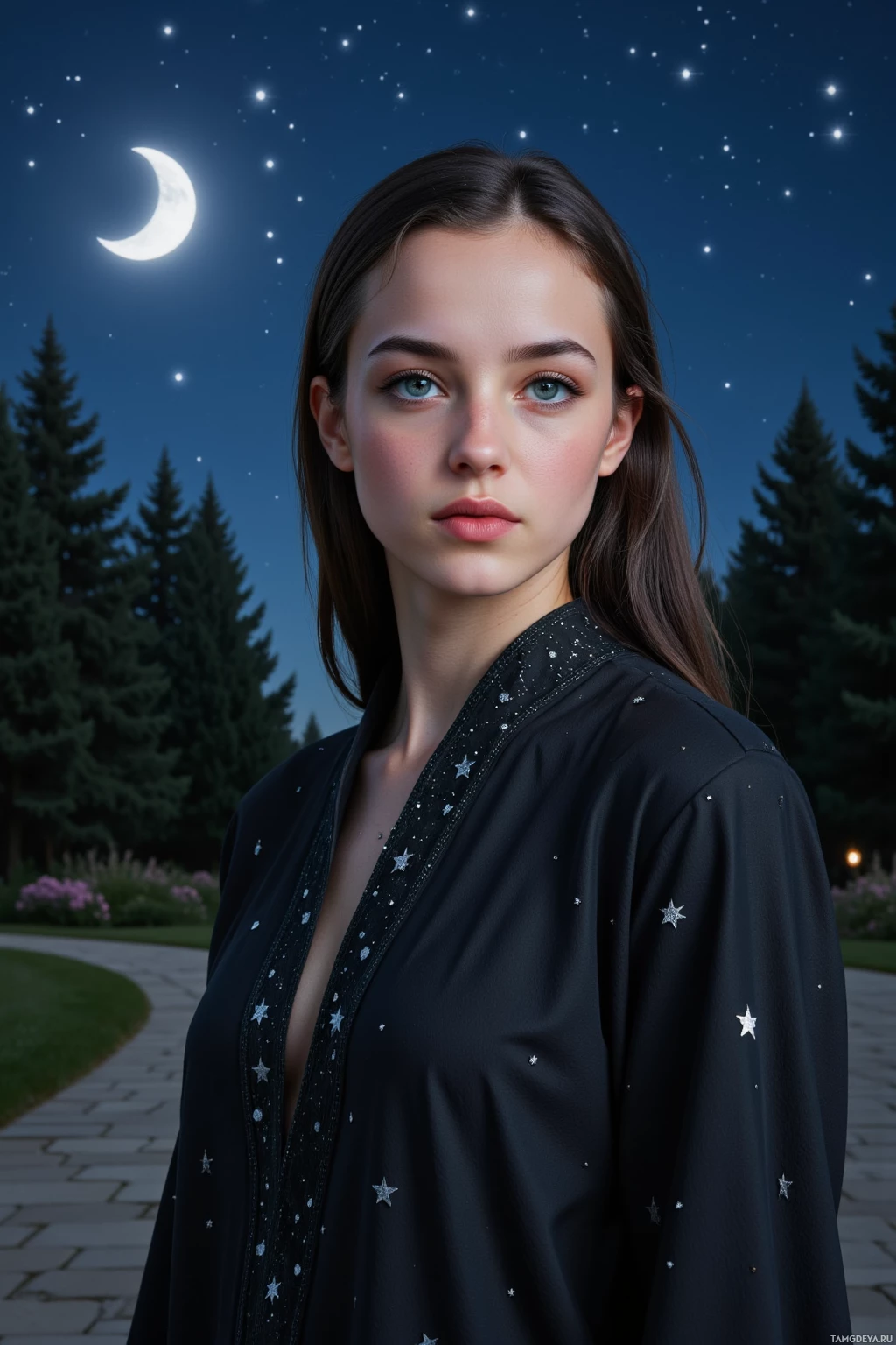 A woman stands under a starry night sky, wearing a black garment adorned with stars.