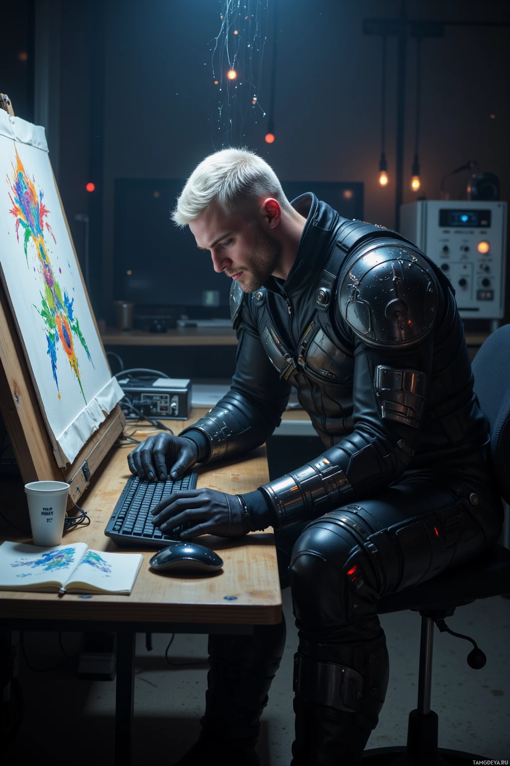 Realistic high quality photo. Male, 28, silver cropped hair, blue eyes, pale skin, wearing a sleek black jumpsuit with metallic accents and knee‑high boots, hunched over a dimly lit sci‑fi workstation with a humming keyboard beside a napkin canvas inked with a new orbital corridor, floating code snippets swirling around him as he celebrates a breakthrough in a late‑night tunnel‑vision grind.