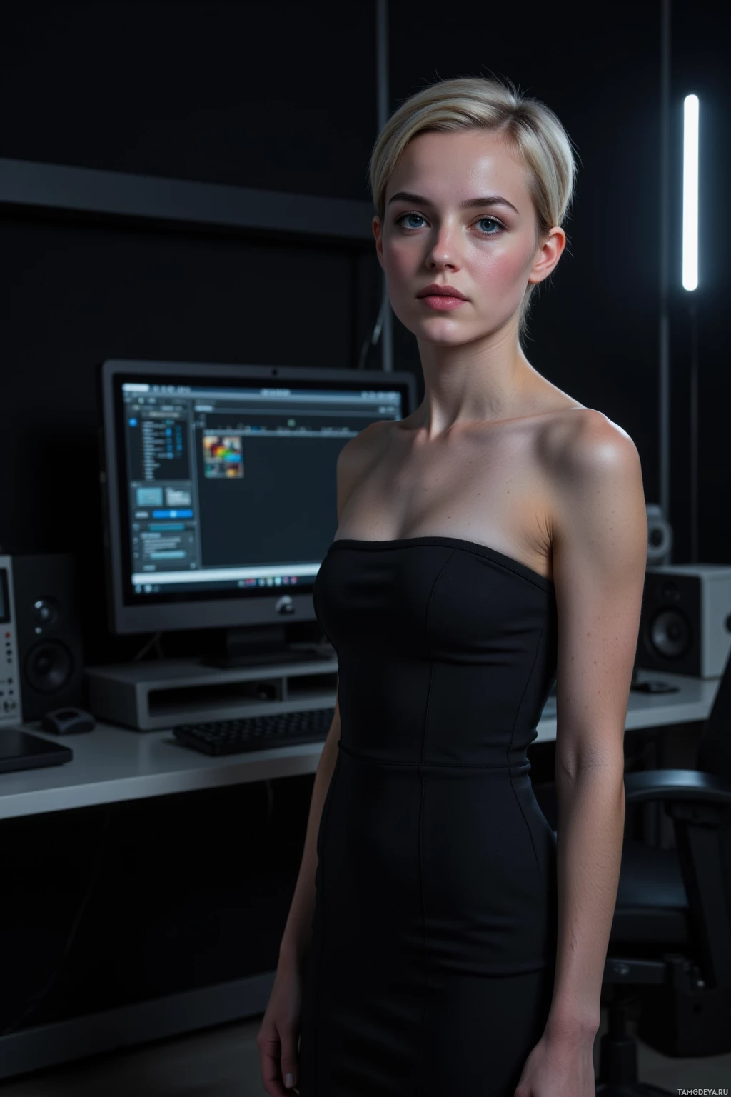 A woman in a black dress stands in front of a computer setup in a dimly lit room.