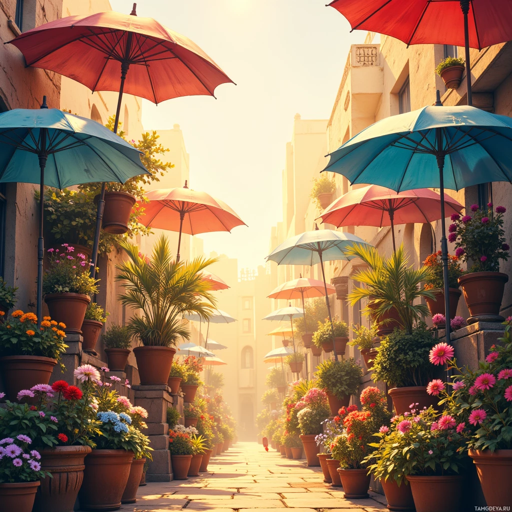 A sunlit alleyway lined with colorful umbrellas and potted plants.