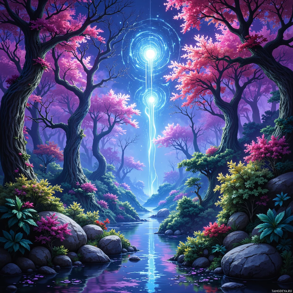 A serene forest scene with vibrant pink blossoms, a glowing light source, and a calm river reflecting the sky.