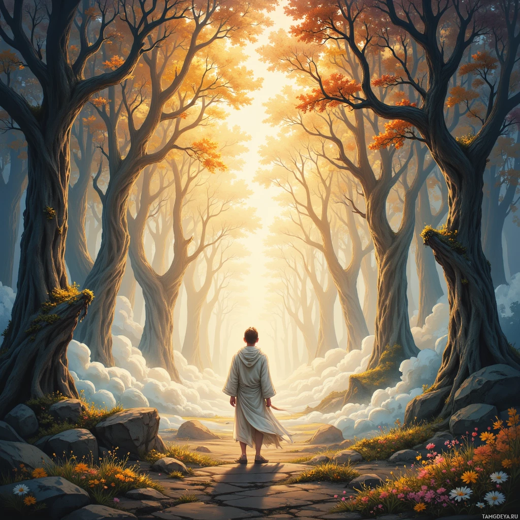 A person in a robe walks along a path through a forest with tall, twisted trees and a bright light shining through the canopy.