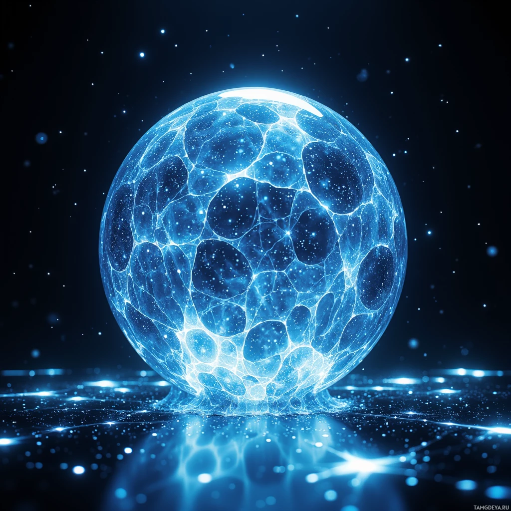 A glowing blue sphere with intricate patterns and reflections on a dark background.