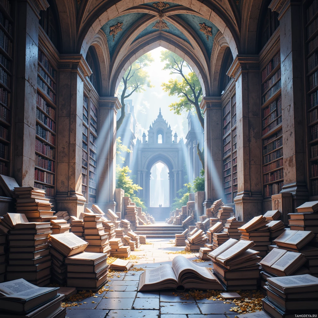 A grand library with towering bookshelves and an open archway leading to a bright, sunlit courtyard.