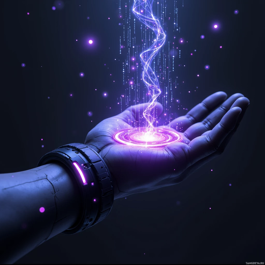 A hand with a glowing wristband emits a swirling, neon purple light against a dark background.