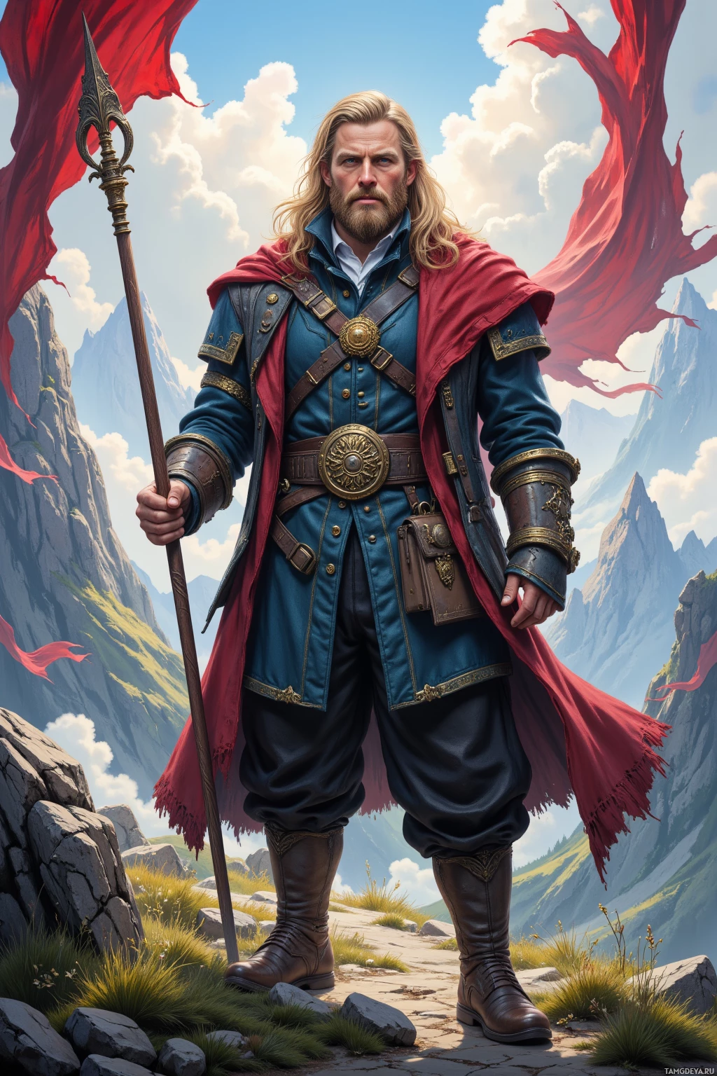 A warrior in a blue and red outfit stands on a rocky path, holding a spear, with a red flag and mountainous landscape in the background.