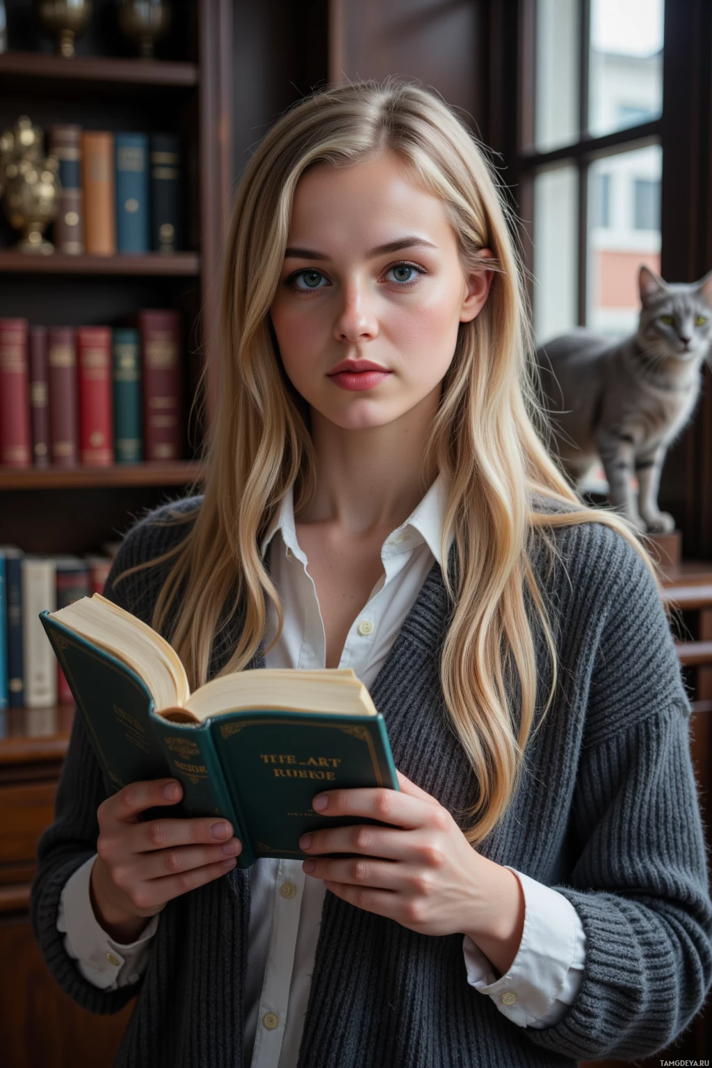 Realistic high quality photo. Woman, 31, long blonde hair, blue eyes, wearing a cozy knitted sweater over a white shirt and loosely wrapped scarf, holding a slim Rilke edition in a dimly lit study with tall bookcases, a small door on a shelf creaking, dust motes swirling, a gray cat perched on a coffee table, morning light streaming through a window.
