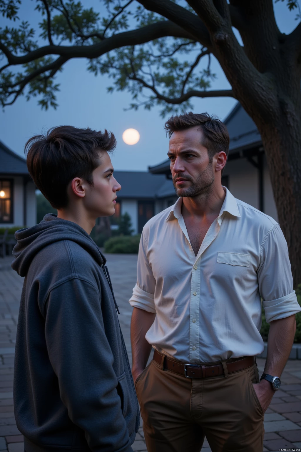 Realistic high quality photo. A 45‑year‑old man with short dark brown hair, blue eyes, calm expression, wearing a white shirt and brown pants, speaking to a young apprentice with short black hair and a gray hoodie beside an old oak tree in a courtyard at dusk with a low moon overhead, modern realism.