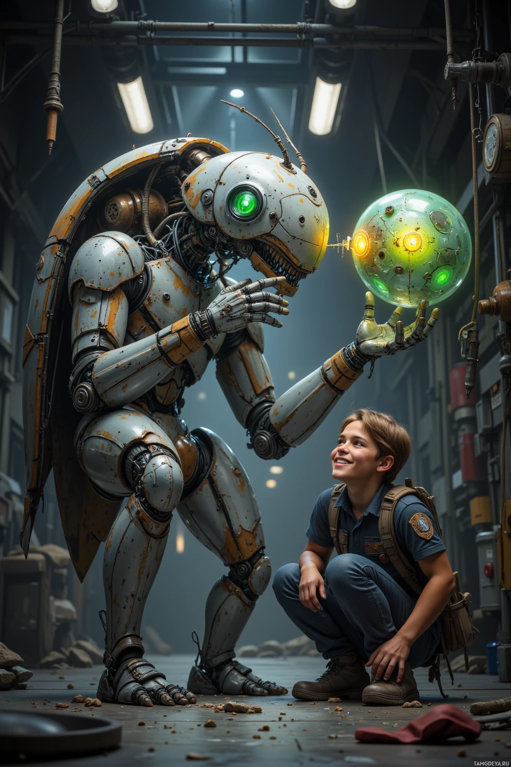Realistic high quality photo. In a dim, industrial hangar at dawn, a 29‑year‑old male insectoid robotic warrior with a shiny metallic exoskeleton, bright green eyes, short antennae, intricate circuitry patterns, and a poised stinger tail calmly calibrates a translucent ocular array, aligning each sensor to the millimeter, while a rookie trainee watches with a gentle grin beside hanging tools and machinery.