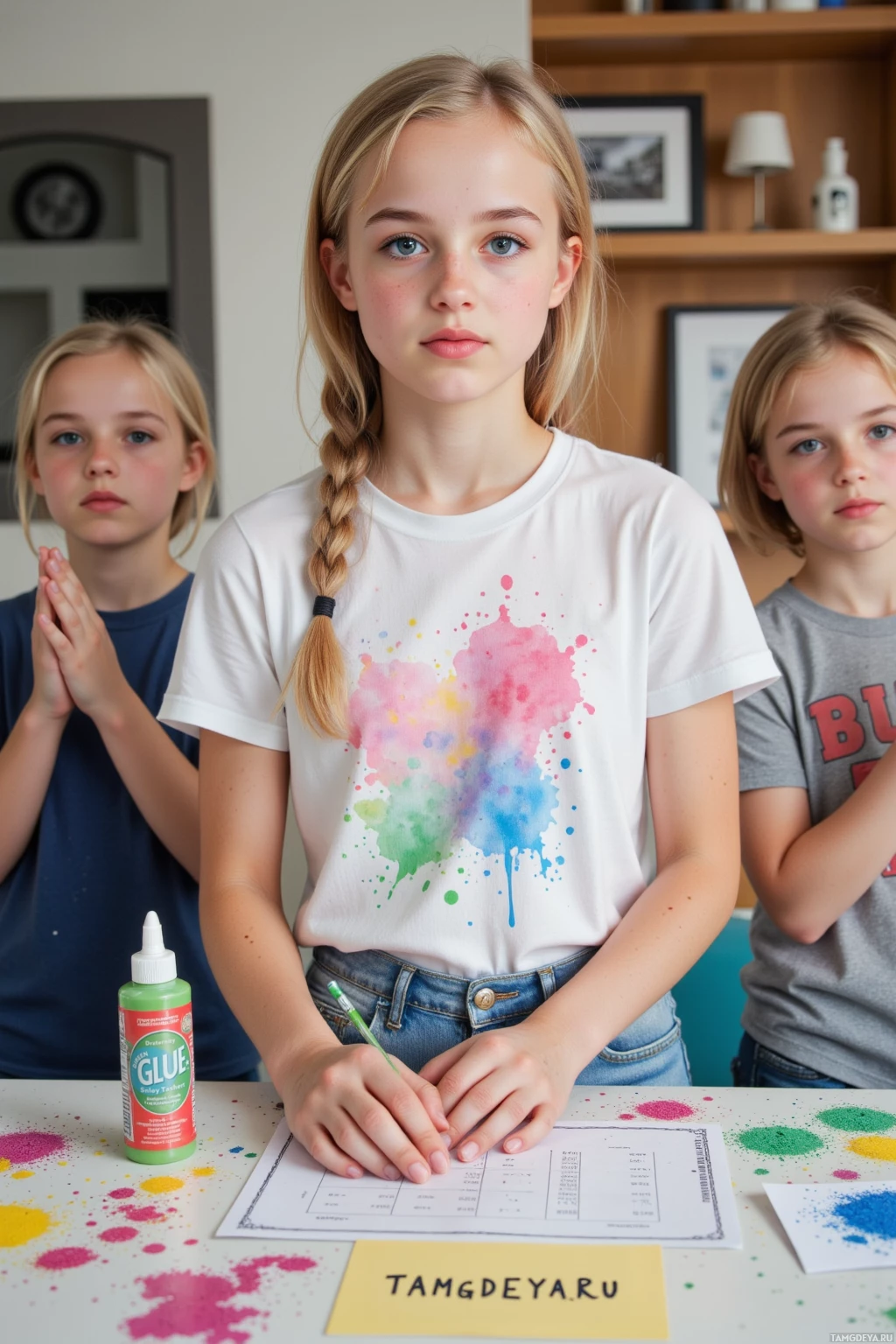 Three children sit at a table with colorful paint splatters, one wearing a white shirt with a paint splatter design.