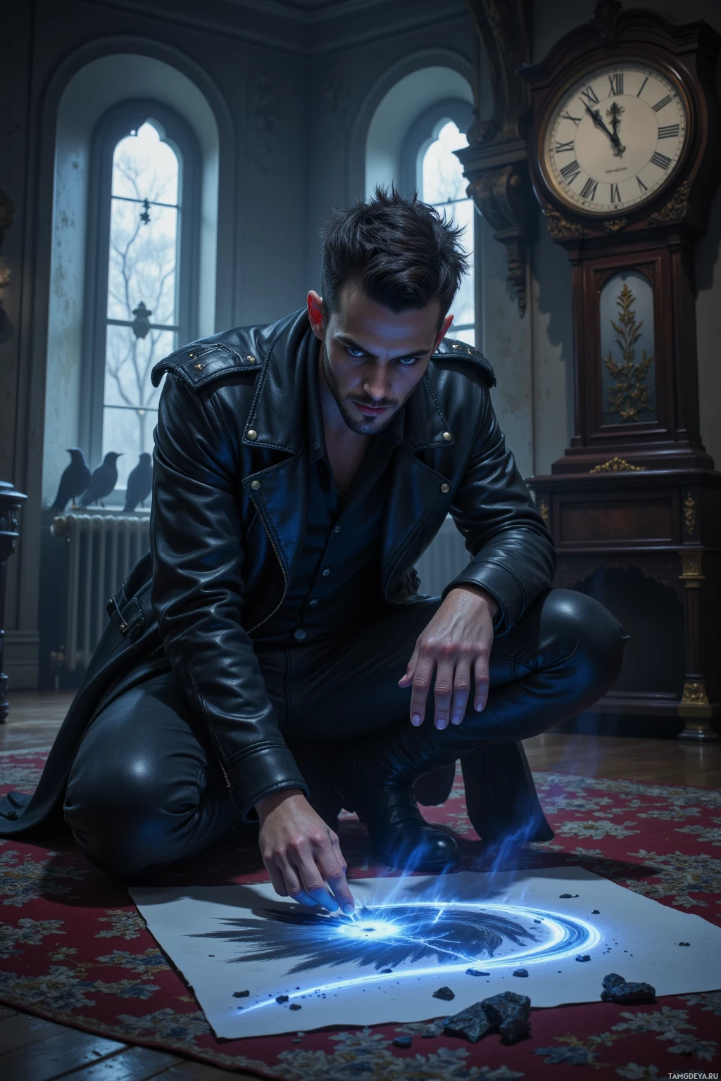 A man in a leather outfit crouches beside a glowing, circular pattern on the floor in a dimly lit room with ornate decor.