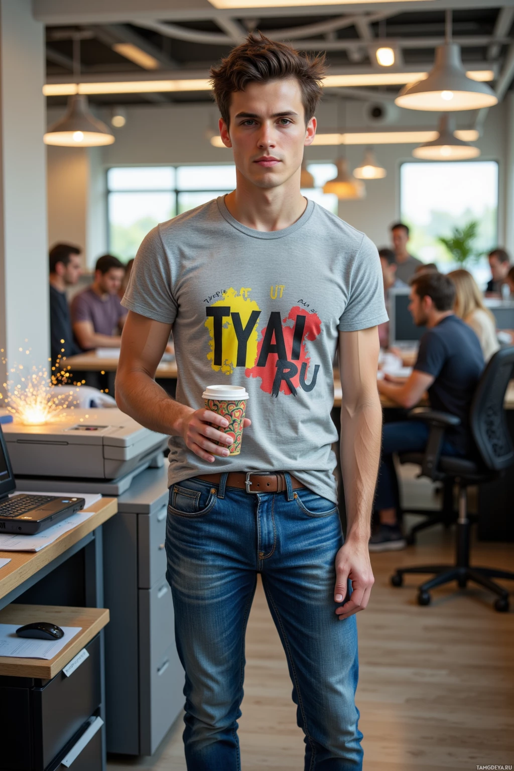 A man stands in an office holding a coffee cup, wearing a casual t-shirt and jeans.