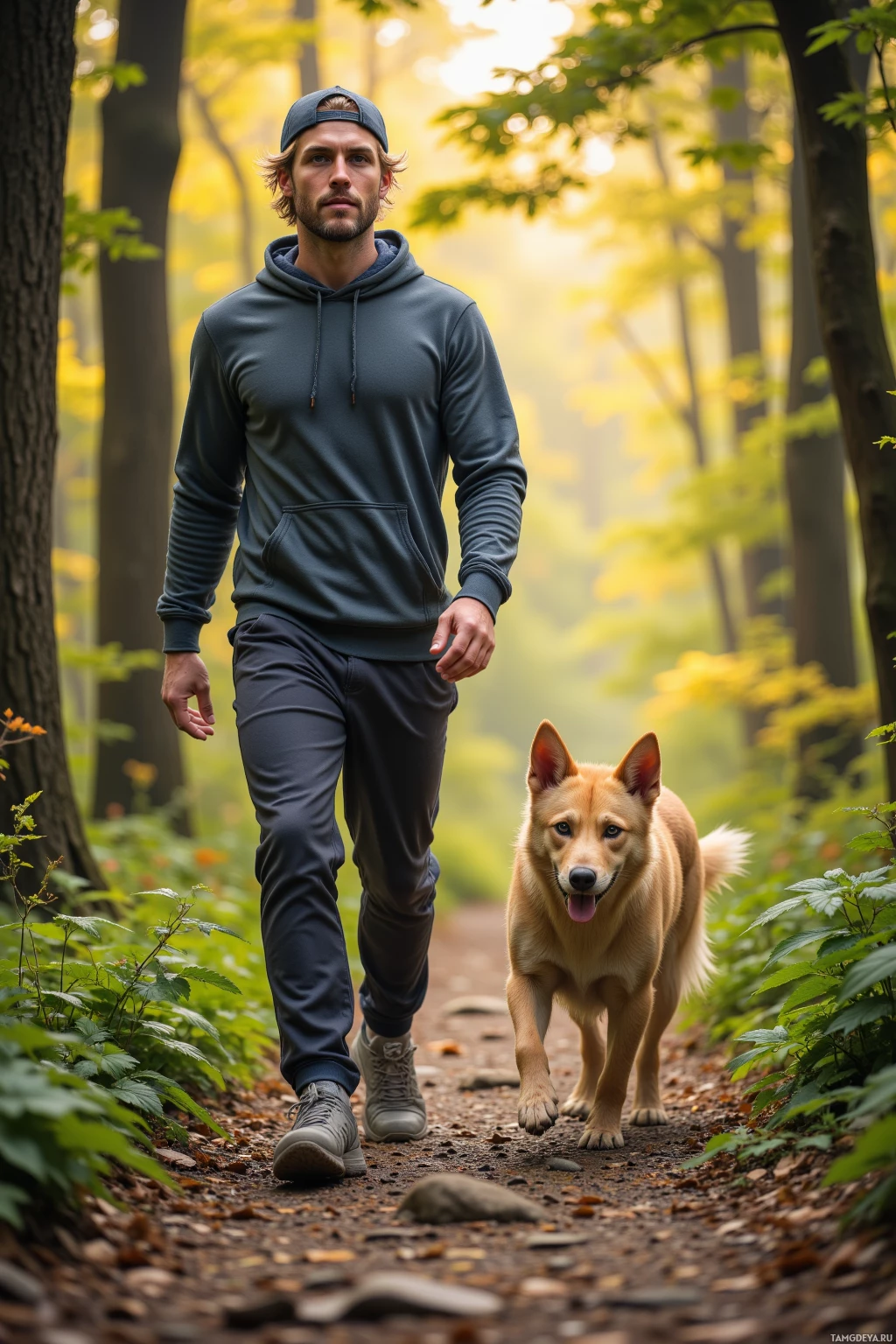 A man and a dog walk together on a forest path.