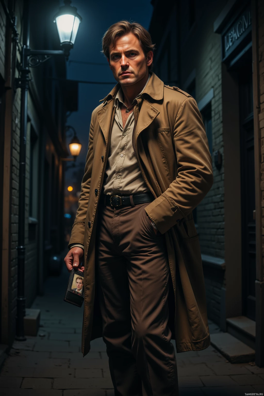 A man in a trench coat stands in a dimly lit alleyway.