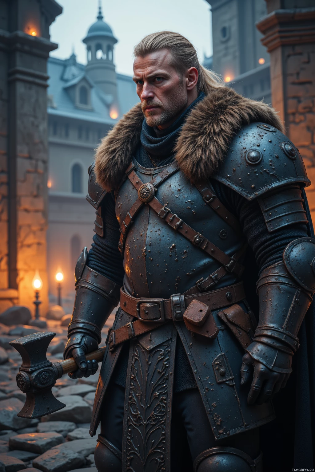 A knight in dark armor stands in a dimly lit courtyard, holding an axe.