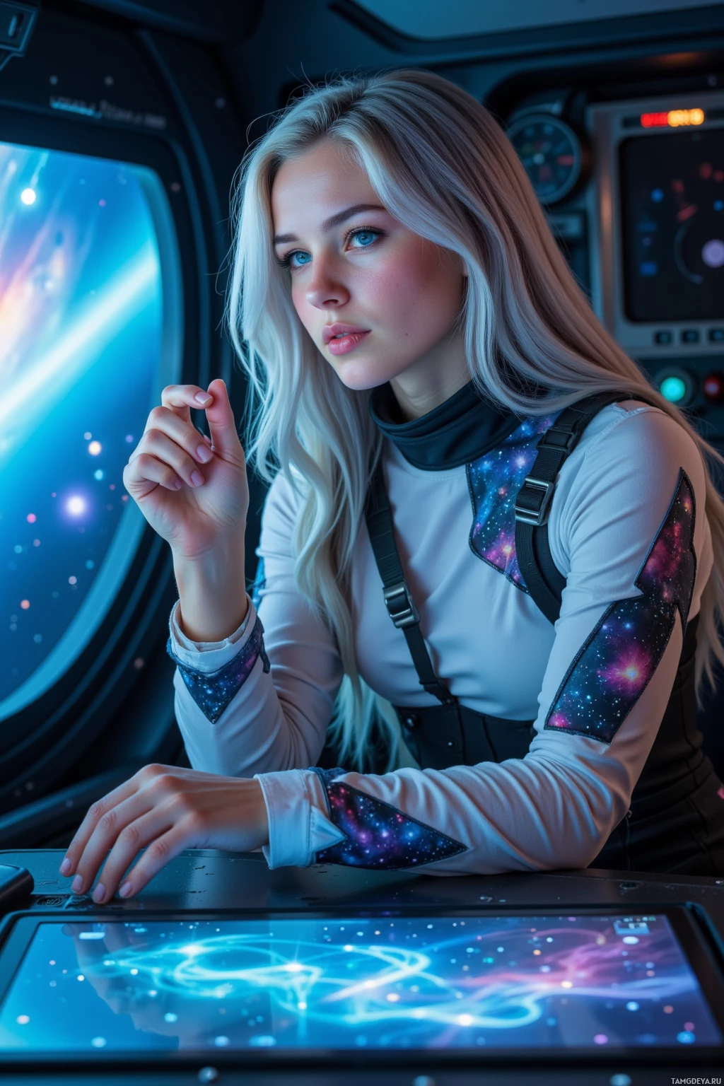 A person in a futuristic space suit is seated at a control panel with a view of outer space through a window.