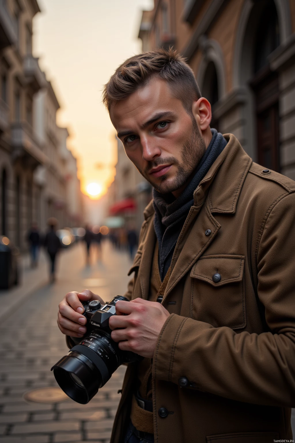 A man in a brown coat holds a camera on a city street at sunset.