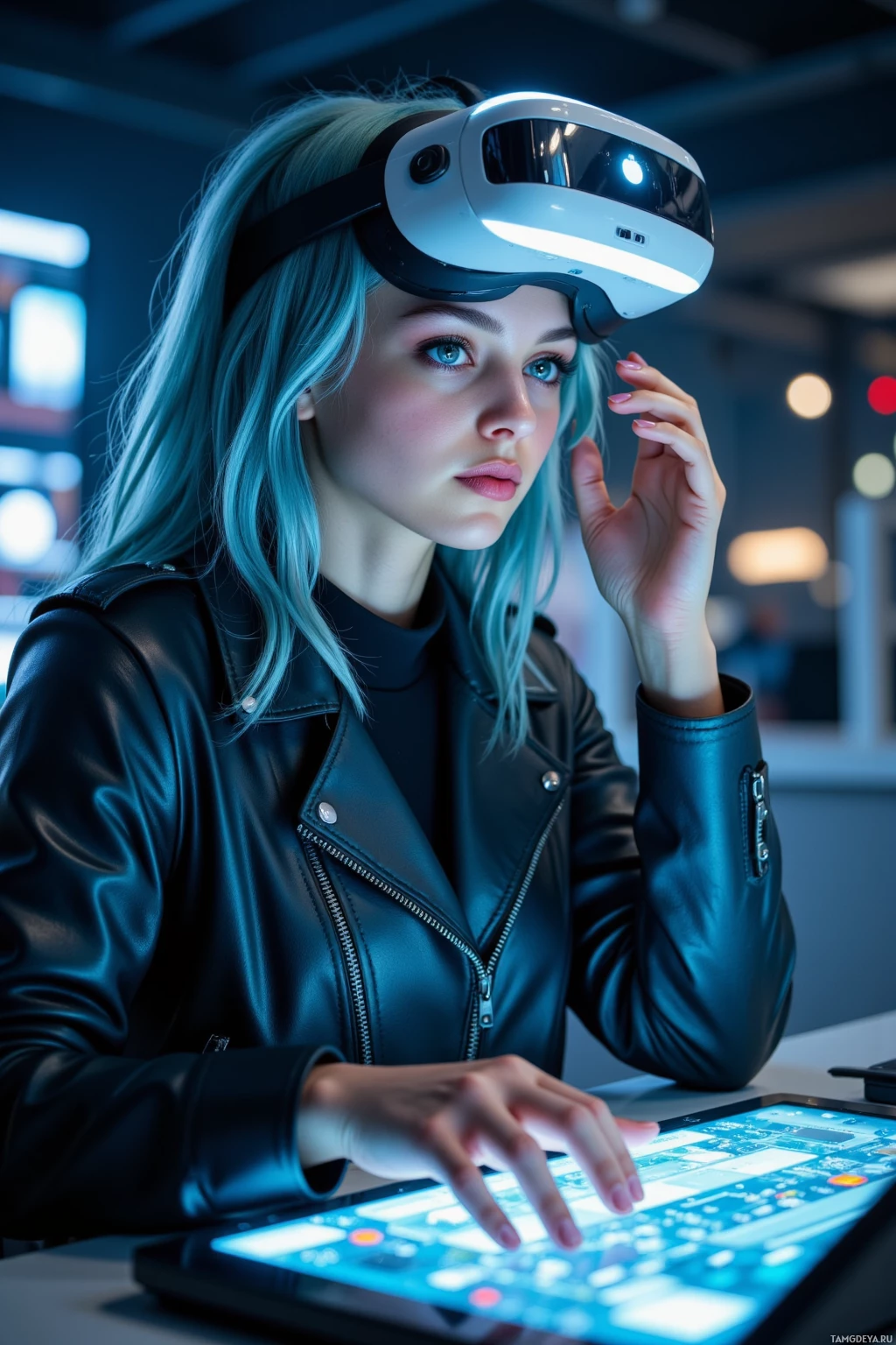 A person wearing a VR headset and interacting with a tablet in a modern, dimly lit environment.