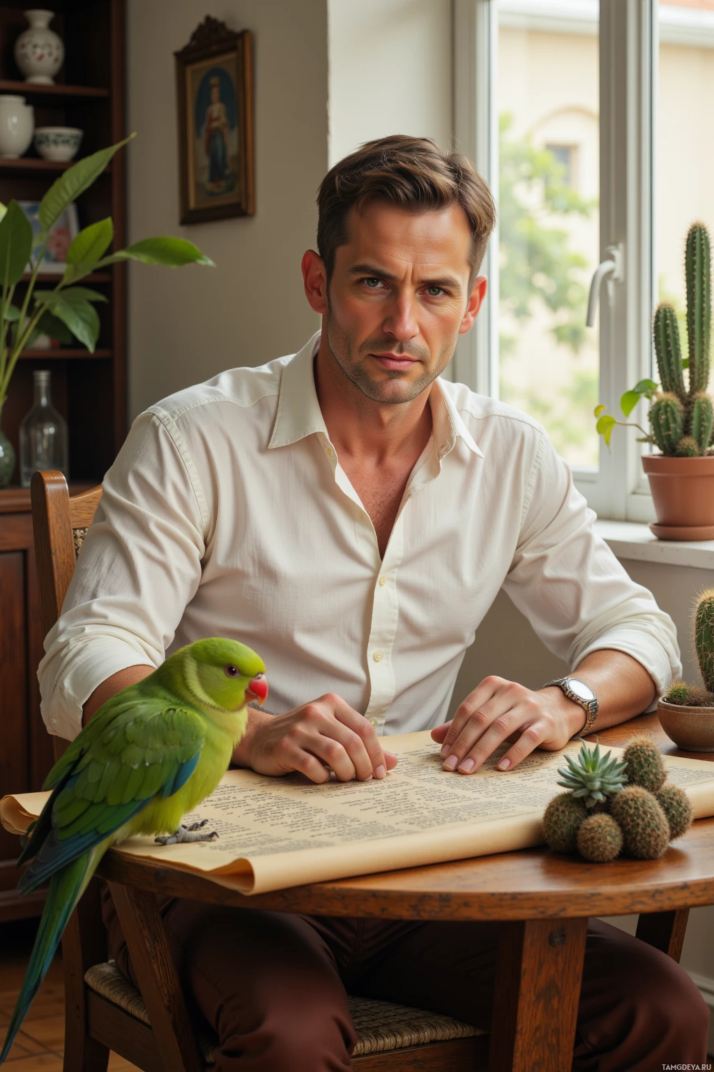 A man sits at a table with a parrot perched on a document, surrounded by indoor plants and a window view.