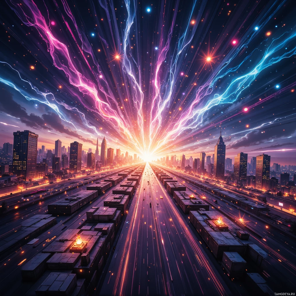 A futuristic cityscape with vibrant lightning streaks and glowing particles in the sky.