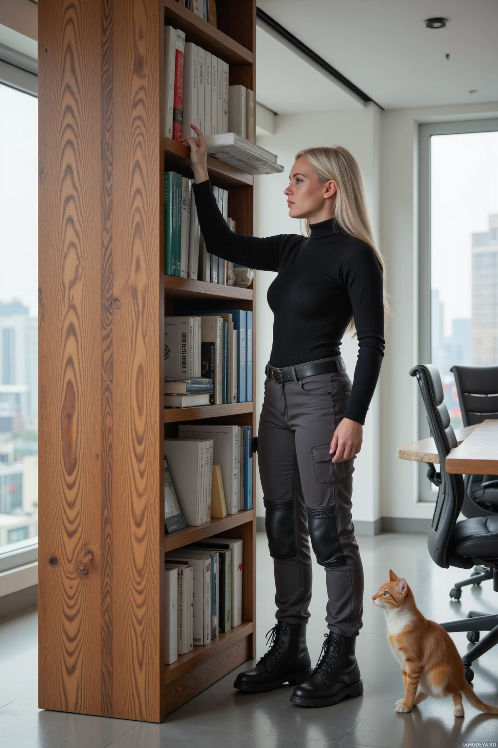A woman in a black turtleneck and cargo pants stands by a bookshelf, reaching for a book, with a cat sitting nearby.