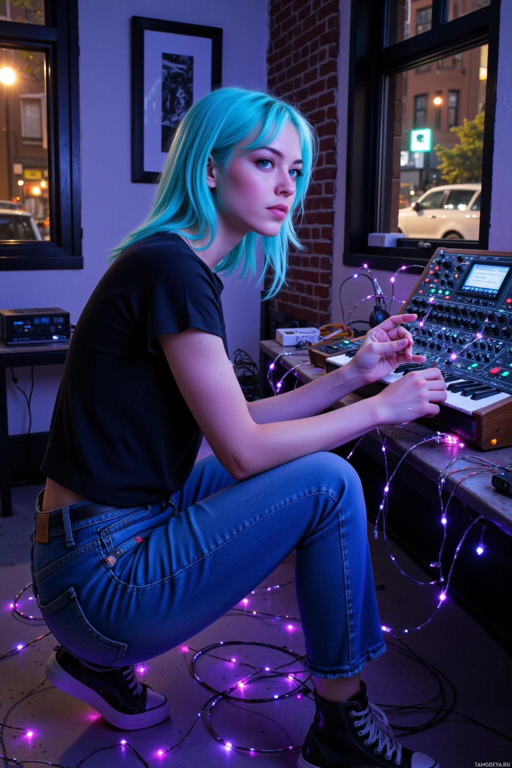 A person with blue hair sits at a desk with a synthesizer, surrounded by string lights and urban street view through the window.