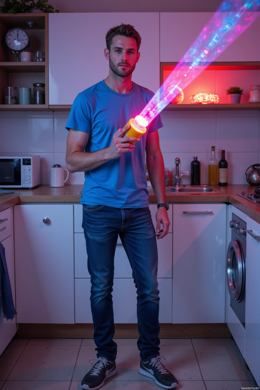 A man stands in a kitchen holding a glowing object, with a colorful light beam extending from it.