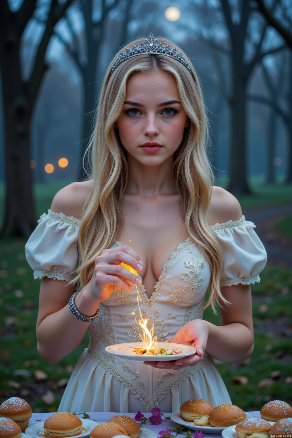 A woman in a white dress holds a plate with a glowing object, surrounded by pastries and flowers in a misty outdoor setting.