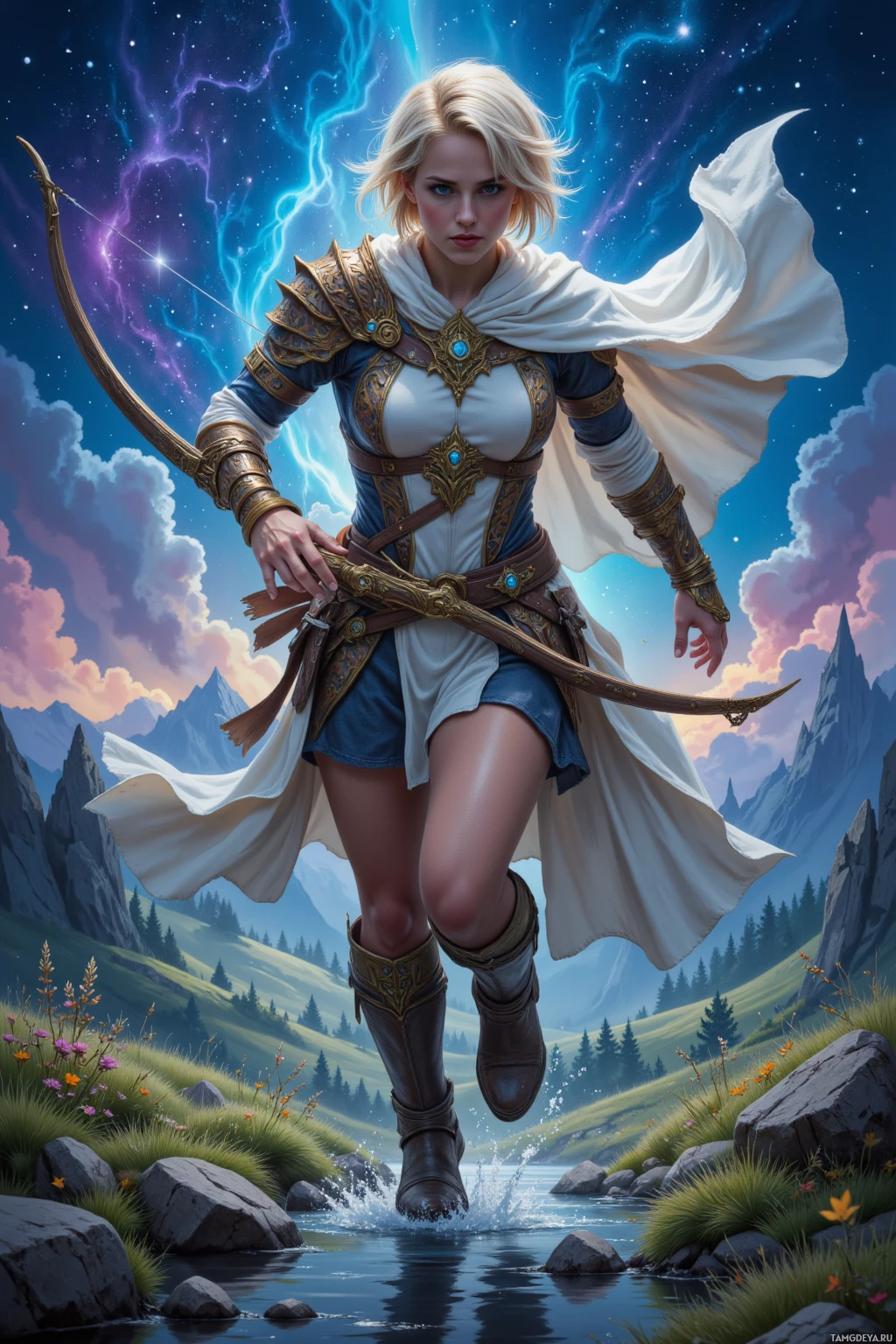 A fantasy warrior in ornate armor leaps over a stream, set against a vibrant sky and mountainous landscape.