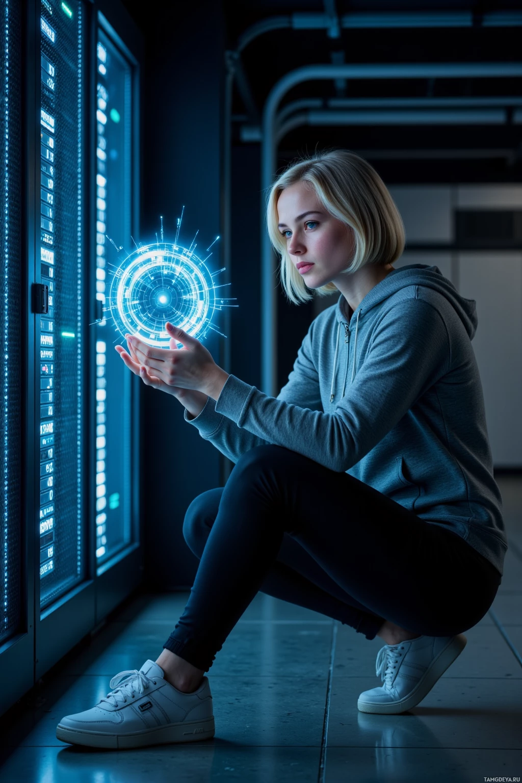 A person in casual attire crouches near a server rack with glowing lights and a futuristic display.