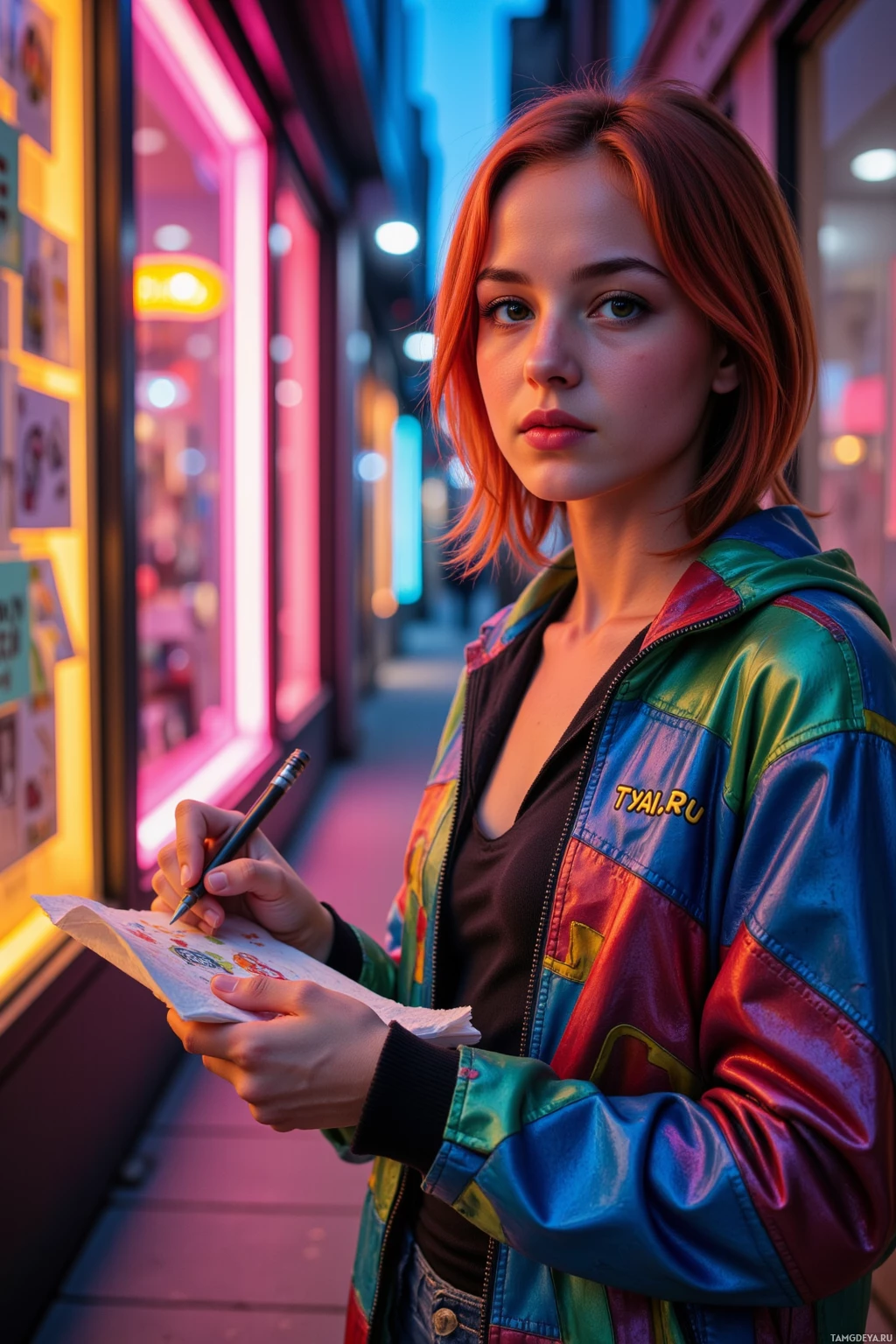 A person wearing a colorful jacket stands in a neon-lit alleyway, holding a pen and paper.
