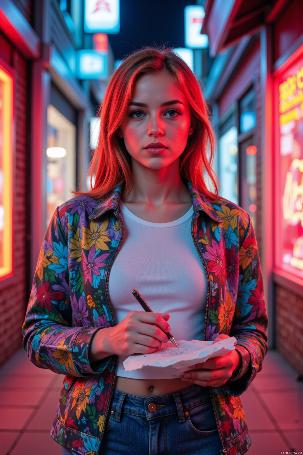 A person wearing a colorful floral jacket and jeans stands in a neon-lit alleyway, holding a pen and paper.