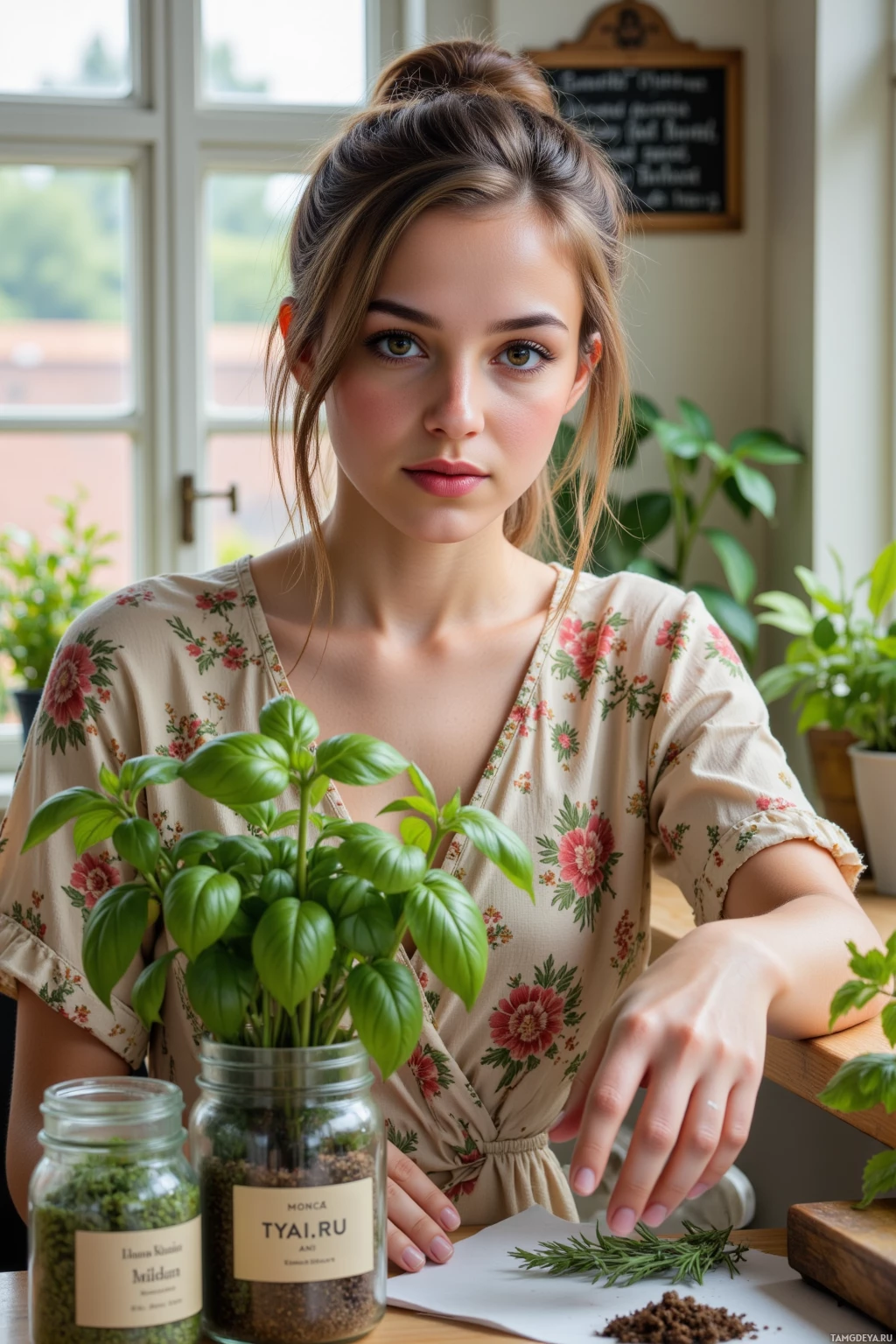 A woman in a floral dress is seated at a table with fresh herbs and jars of dried herbs.